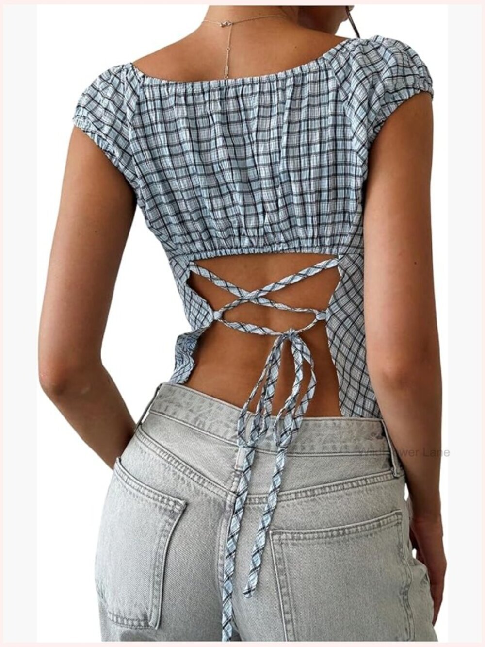Y2K Peppy Plaid Lace Up Crop Top Cap Sleeve Square Neck Open Back Blouse